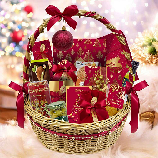 "Новогодняя корзина" набор: драже, конфеты, чай, печенье, мед, фруктовые чипсы 2705г