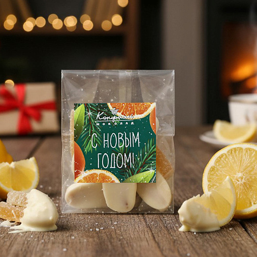 «Любимый вкус» цукаты лимонные корочки в белом шоколаде 50г (зеленое новогоднее оформление)