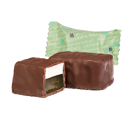 Набор двуслойных конфет мармелад+суфле в горьком шоколаде (яблоко и ваниль, апельсин и ваниль, виноград и ваниль) 270г