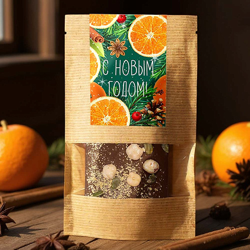 Новогодний шоколад молочный с фундуком, фисташками и апельсиновыми кранчами 55г