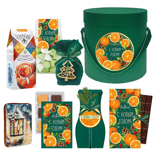 Новогодний набор с конфетами и шоколадом: мармелад-суфле, драже, ассорти, пряник, чай 555г