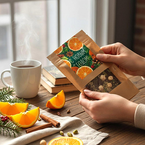 Новогодний шоколад молочный с фундуком, фисташками и апельсиновыми кранчами 55г