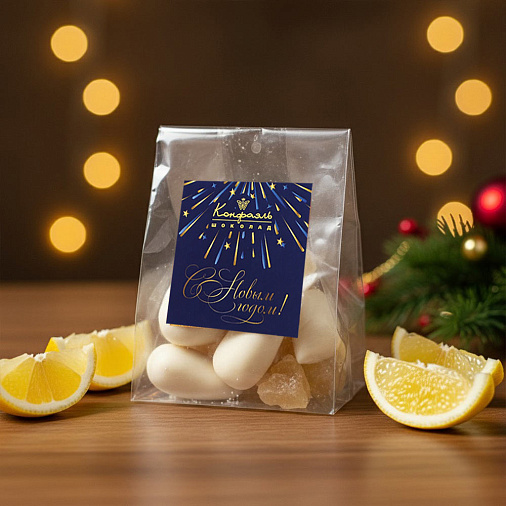 «Любимый вкус» цукаты лимонные корочки в белом шоколаде 50г (синее новогоднее оформление)