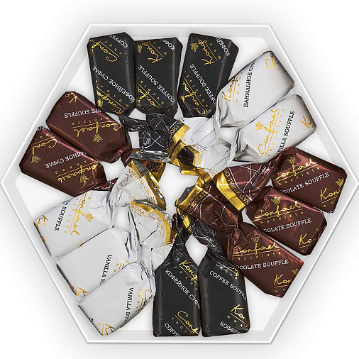 Новогодний набор конфет "Суфле" (ванильное, шоколадное, кофейное) в шоколаде 105г (голубой)